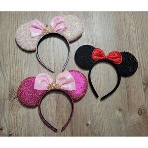 Minnie Mickey Mouse disney Ears Headband Sequin Princess Pink Black set of 3
